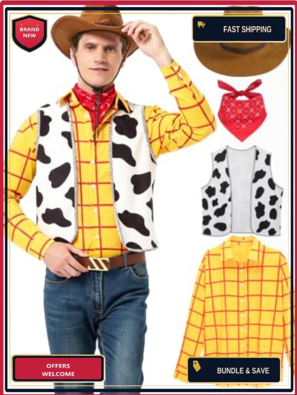 Men Cowboy Sheriff Halloween Costume Plaid Shirt Vest Hat Set